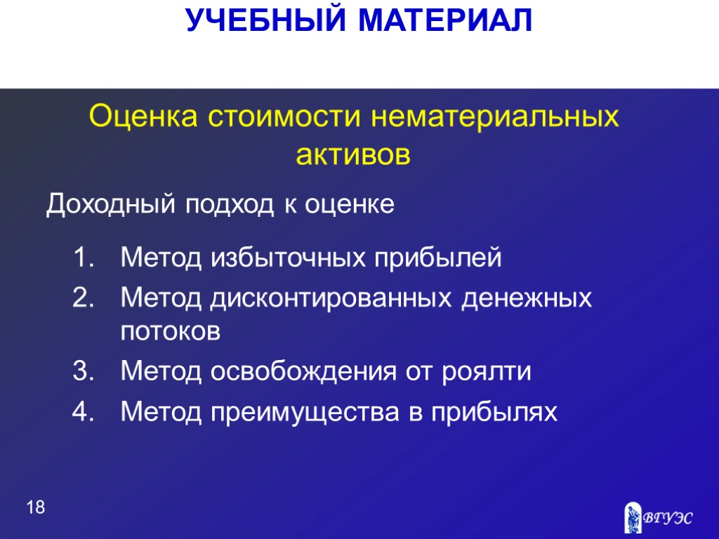 УЧЕБНЫЙ МАТЕРИАЛ 18 Оценка стоимости нематериальных активов Метод избыточных прибылей Метод дисконтированных денежных потоков